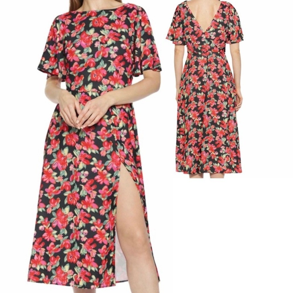 Alexia Admor NWT Red Multi Floral Flutter Sleeve Midi Dress V-Back D3839 Size 6‎